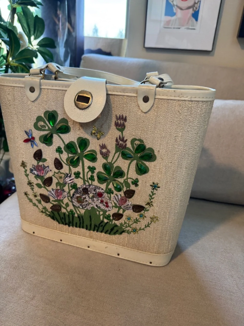 Vintage Cream Tote with Green Floral Appliqué and Jewel Accents - Picture 4 of 12
